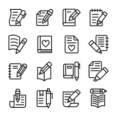
Comment Book, Guest Book, Documentation, Handwriting, scratch Pad, Writing, Heart Journal, Mash Note, Steno Pad, Article Writing, Script Line Vector Icons Set 
