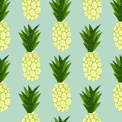 Exotic tropical fruits pattern on blue background. Hand drawn pineapple wallpaper