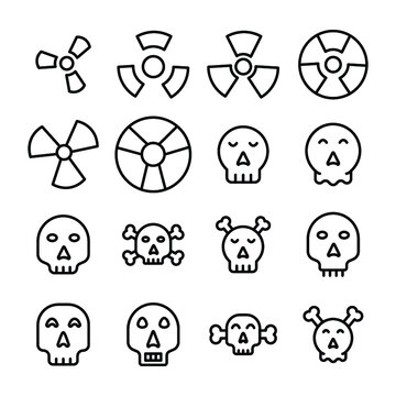 
Toxic, Radiation, Skull, Danger, Dead, Poison Symbol, Jolly Roger, Skull and Crossbones Line Vector Icons Set 

