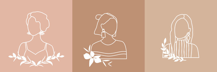 A set of portraits of the girls. Vector logo design template and illustration in simple minimal linear style, emblem, abstract icon