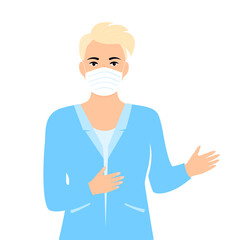 Woman doctor in a white medical coat and protective mask talks about Chinese virus 2019-nCoV. Coronavirus treatment. Concept of quarantine, prevent infection