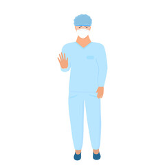 Coronavirus epidemic. Male doctor in a blue medical suit and protective surgical mask shows a stop gesture with his hand. COVID-19. Quarantine. Coronavirus epidemic.