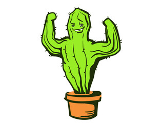 Cactus show muscle biceps. Vector color Printable cartoon illustration isolated on white. Cactus character concept