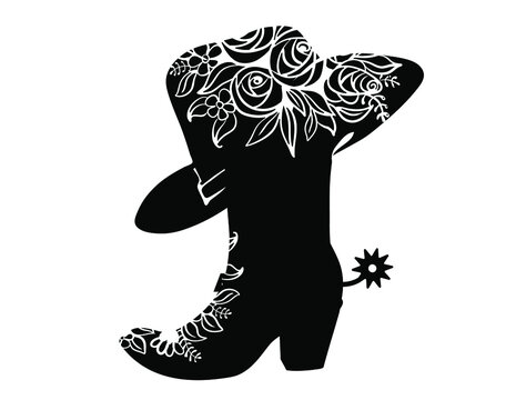 Cowboy boot black silhouette with text. Vector Cowgirl party printable illustration isolated on white. Western boot and hat