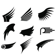 Set Black Line Flat Collection Wings Vector Icon Feather Design Style Decoration