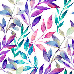 Seamless watercolor texture of multicolored tropical leaves on a white background. Botanical illustration