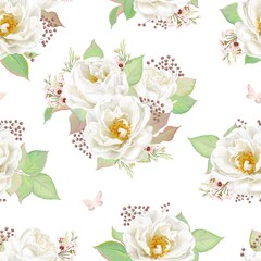 Seamless flowers pattern with white roses, green leaves and flying butterflies on white background. Vector floral illustration in vintage watercolor style.