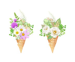 Set beautiful delicate bouquets of white roses, chamomile, cosmos flowers and green leaves in waffle cone ice cream, vector floral illustration.