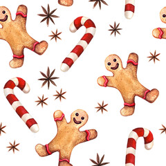 Watercolor Christmas pattern. Gingerbread cookies and Christmas spices with decorations. Gingerbread man with Christmas candy and anise.