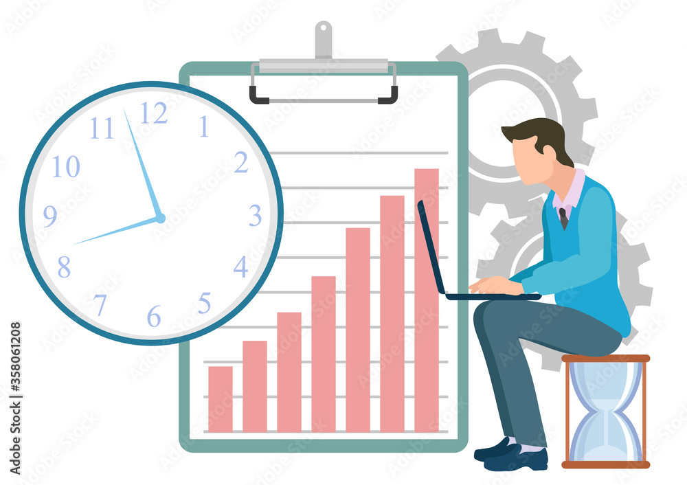 Poster person working on laptop sitting on hourglass vector, cogwheel and clipboard with infocharts growing