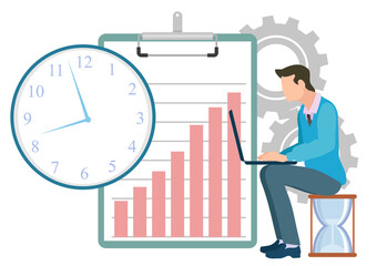 Person working on laptop sitting on hourglass vector, cogwheel and clipboard with infocharts growing graphics. Businessman coder with computer flat style