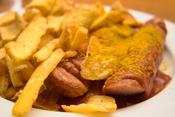 Traditional Eastern German meat dish - currywurst (curry sausages) served with French fries and mustard