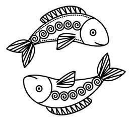 Twelfth astrological sign, pisces associated with constellation. Zodiac represented by symbol of two fishes. Outline drawing of aquatic animals on white background. Vector illustration in flat style