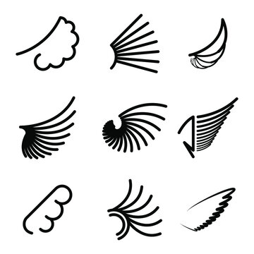 Set Black Line Flat Collection Wings Vector Icon Feather Design Style Decoration