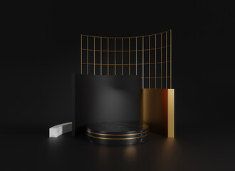 3d black pedestal isolated on black background, abstract minimal concept, cylinder podium, golden grid, blank space, clean design, commercial product showcase, luxury minimalist mockup