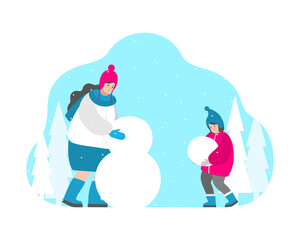 Vector isolated flat illustration for greeting card. Happy mom sculpts snowman and cute baby girl help her carring ball in hands. Winter holiday before Christmas, outdoor activity with all family