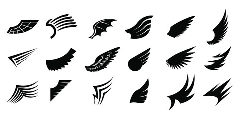 Obraz premium Set Black Line Flat Collection Wings Vector Icon Feather Design Style Decoration