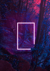 Strange fluorescent light layout with glowing neon frame on vibrant forest background.Copy space for poster, banner,invitation,stranger party. Fairy mysterious,mystical Illustration. Paranormal portal