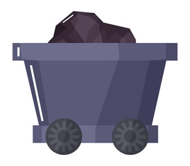 Carriage with wheels or wagon loaded with coal. Isolated icon of fossil fuel got from mine. Mining industry production and extraction of minerals from quarries. Transportation vector in flat