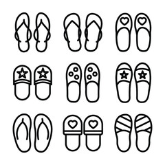 Set of Flip Flops and Slippers Line Vector Icons 