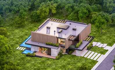 3d rendering of modern cozy house with parking and pool for sale or rent with wood plank facade and beautiful landscaping on background. Clear summer evening with cozy light from window.
