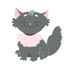 Funny smiling cartoon cat sitting. Grey hand-drawn vector cheeky kitten. Isolated illustration for web and print design. A cute home pet with pink ears.