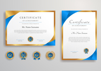 Blue certificate and diploma template with badges