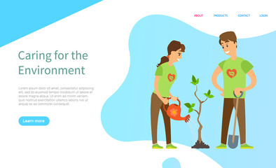 Caring for environment, woman watering seedling, man with shovel, portrait view of volunteer caring with plant, sprout with leaves, ecology vector. Website or slider app, landing page flat style