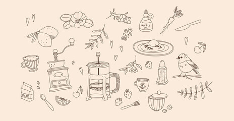 Breakfast coffee line art doodle set. Collection of hand-drawn vector elements about breakfast. Coffee grinder, bird, cup, and a fried egg. Isolated rustic style illustrations for web and print.