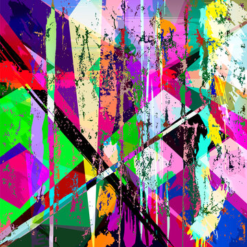 abstract geometric background, with paint strokes, splashes, triangles and squares