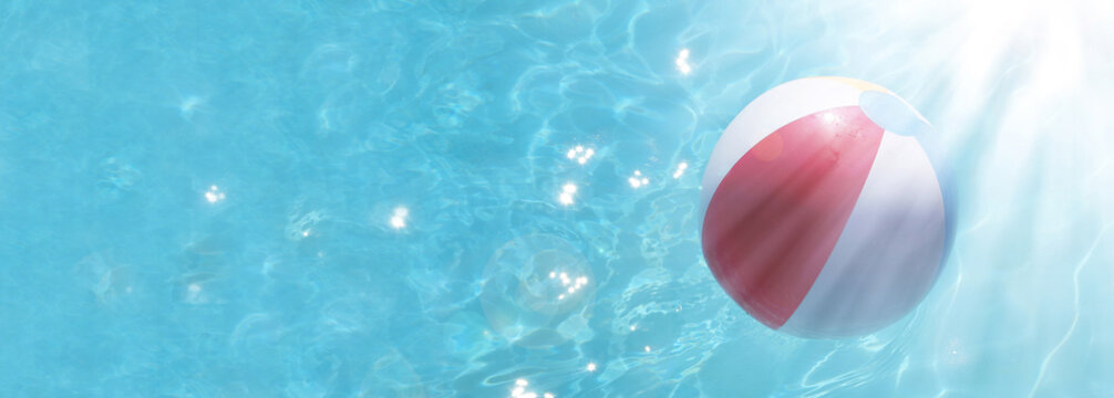 Colorful water ball in blue swimming pool, banner, header, headline, panorama