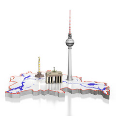 3d Karte Berlin mit Fernsehturm, Brandenburger Tor und Siegessäule, freigestellt © i-picture