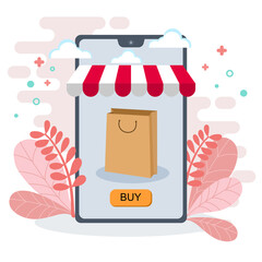 Online shopping choose item from smartphone shop in concept shopping online , fast delivery with buy button  illustration flat vector 