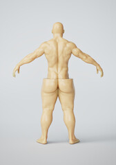 Fat loss process. Back view of divided half fat half muscular male figure. Before and after results of weight loss, diet and exercise. Plastic surgery and liposuction. Out of shape. 3d illustration