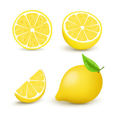 Juicy lemon set with slice and leaves. Fresh citrus fruits whole and halves isolated vector illustration. 3D isolated on white background