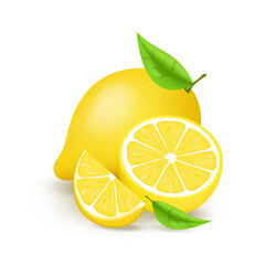 Juicy lemon with slice and leaves. Fresh citrus fruits whole and halves isolated vector illustration. 3D isolated on white background