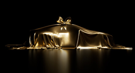 Expensive car gift covered by gold shiny fabric with bow-knot isolated on a black studio background. Luxury surprise item. 3D photorealistic illustration