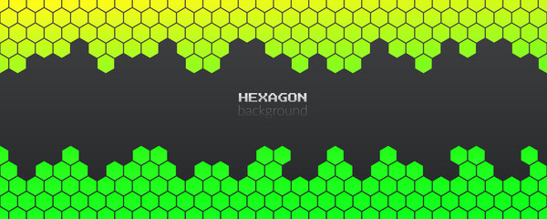 Vector abstract, geometric background, metallic yellow green hexagonal shapes on a gray background. For banner, print design, social networks, place for text. Copyspace