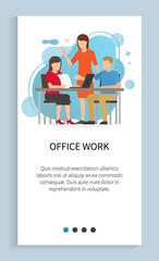 Office work vector, man and woman brainstorming on new concepts of business development, boss and workers, lady with documents, male and laptop. Website slider app template, landing page flat style