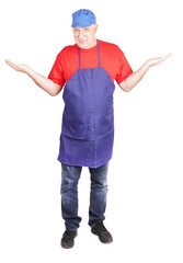 Man worker job is showing gesture with both hands promote commercial