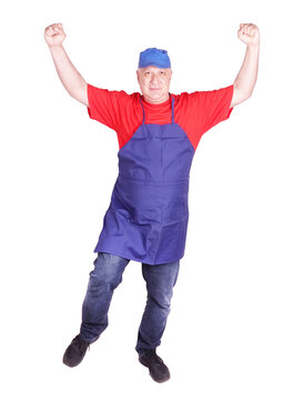 Happy man worker job is cheering with both hands promote commercial