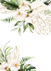 Watercolor tropical floral border - green, gold, blush leaves & flowers . For wedding stationary, greetings, wallpapers, fashion, background.