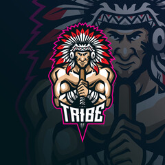 Plakat tribe mascot logo design vector with modern illustration concept style for badge, emblem and t shirt printing. tribe illustration with spear in hand.