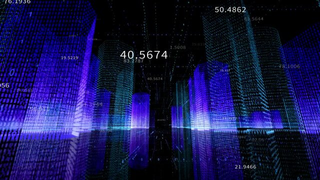 4k Big Data Digital City;Flying Through the Digital binary code urban with Numbers and Grids.3d Blueprint;flowing counters of numbers;Business digital Data;Stock Market;seamless loop. 