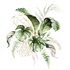 Watercolor tropical floral bouquet - green & gold leaves. For wedding stationary, greetings, wallpapers, fashion, background.