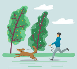 Man running with pet on leash, stormy day. Bad weather conditions, seasonal coldness of autumn or spring. Male character and dog strolling outdoors. Wind blowing hard on trees vector in flat