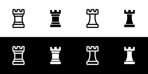 Rook, fort, or defense building icon set. Flat design icon collection isolated on black and white background.
