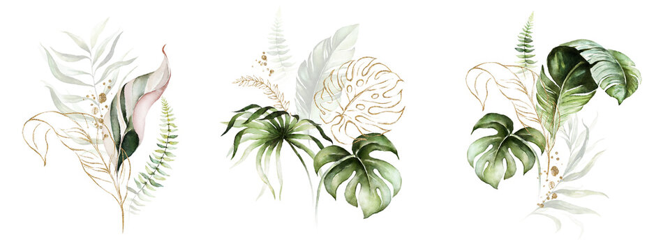 Watercolor tropical floral bouquet set - green, blush & gold leaves. For wedding stationary, greetings, wallpapers, fashion, background. © Veris Studio