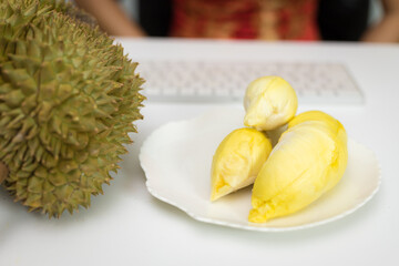 Concept: Chinese people sell durian online.  durian on the table.