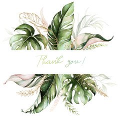 Tropical exotic watercolor floral frame. Green, gold & blush leaves. For wedding stationary, greetings, wallpaper, fashion, background. Palm fern banana green leaves.